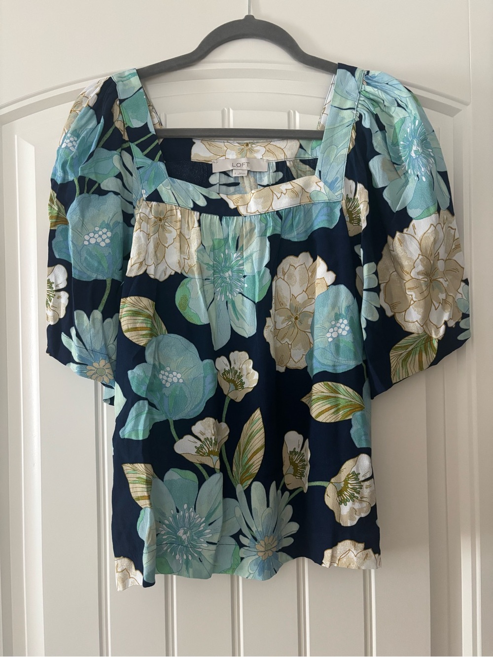 LOFT Navy Floral Square-Neck Blouse